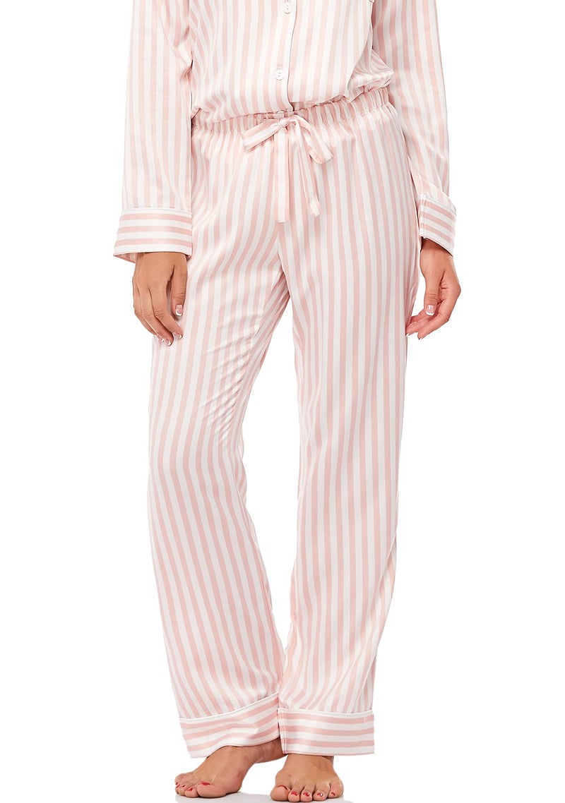 Serenedelicacy Women's Satin Pajama Set Long Sleeve Button Down Sleepwear 2-Piece Silky Pj Set (Medium, Blush/Ivory, Stripe) - Image 5